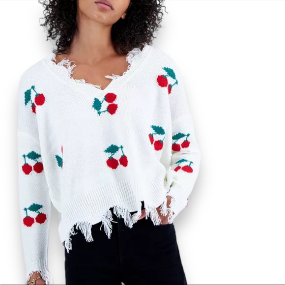 NWT Just Polly juniors Frayed V-neck Cherry Pullover Oversize Sweater Size Small - Picture 3 of 11